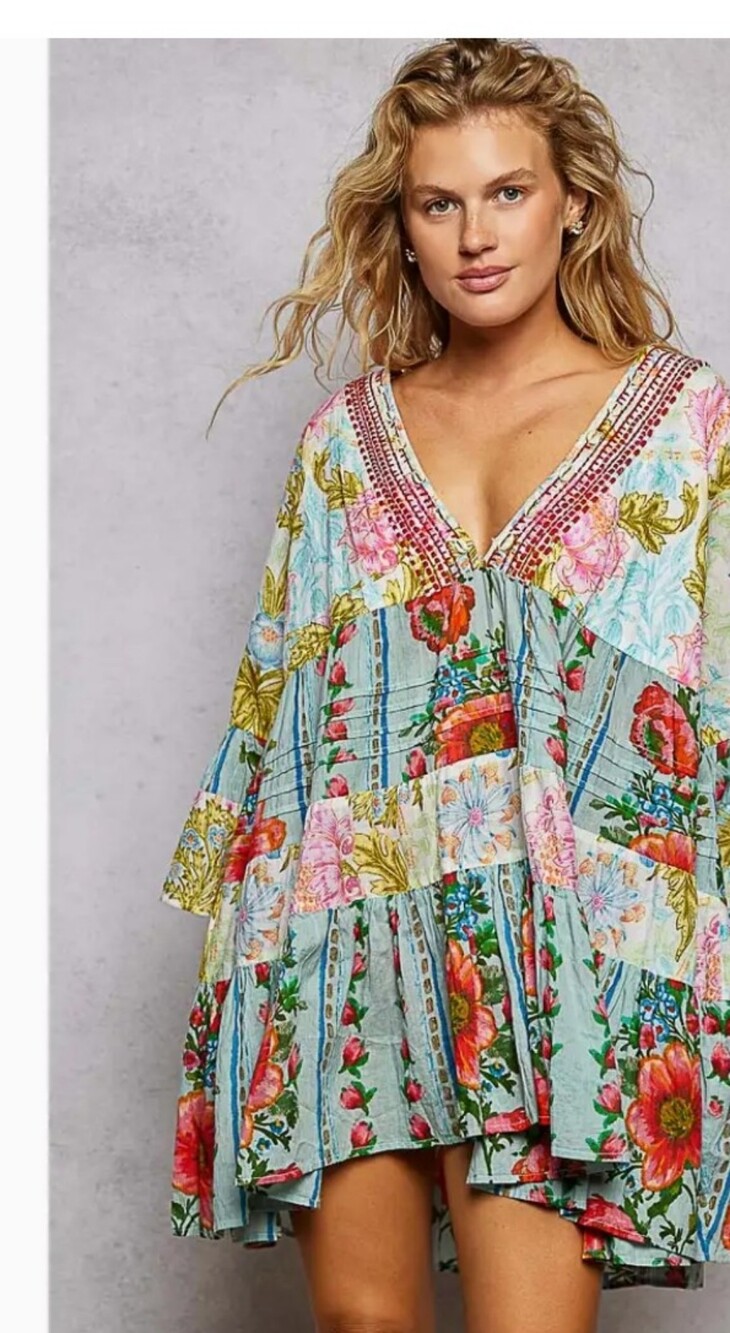 NWT POL 3/4 Sleeve V-Neck Seashell Shape Printed Woven Dress Cream/Jade Multi
